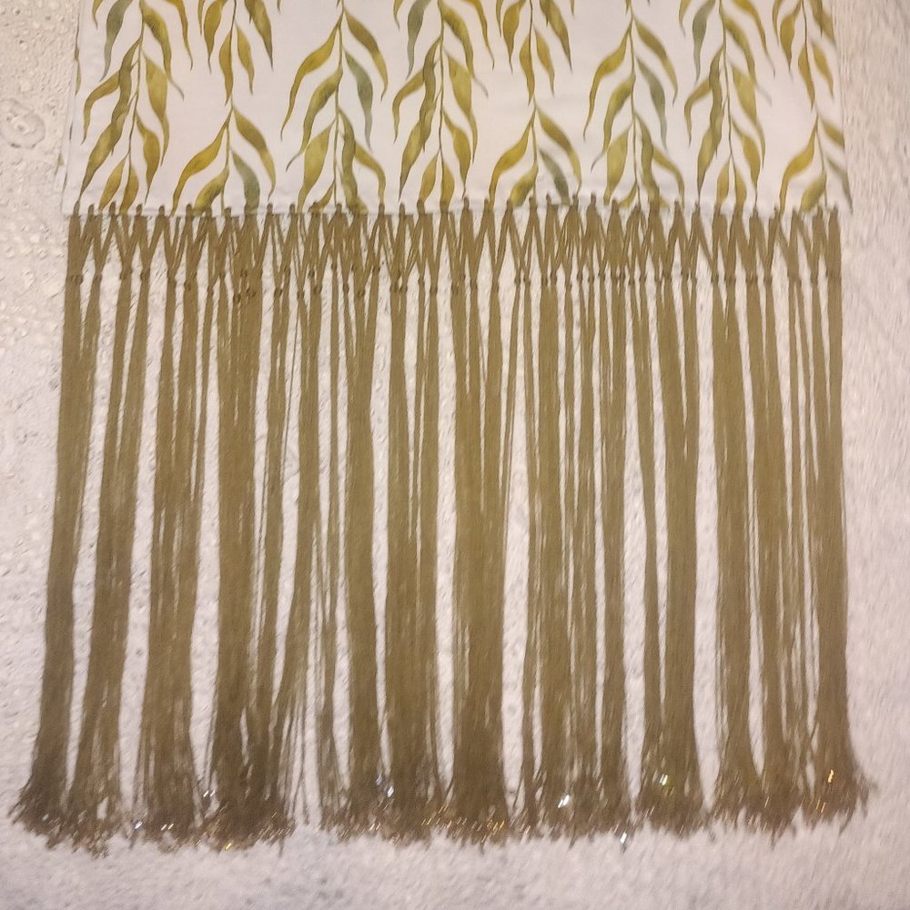 Watercolor willow vine & green beaded fringe shawl